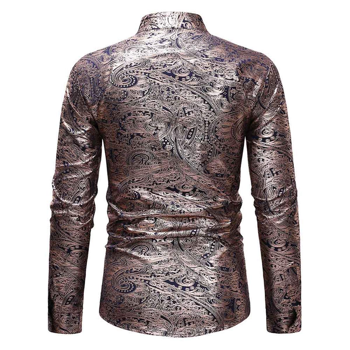 YFFUSHI Men's Gold Printed Long Sleeve Shirts Stand Collar Casual Button Down Shirt Deep Blue