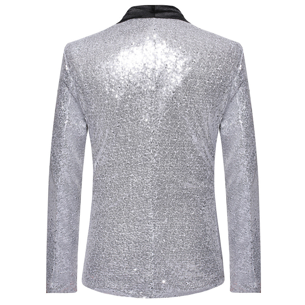 YFFUSHI Mens Shiny Sequin Jacket Party Dinner Blazer Silver