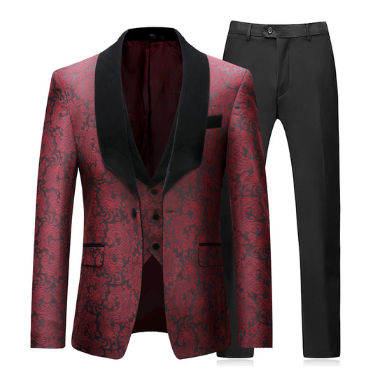 YFFushi Mens Slim Fit Exquisite Pattern 3 Piece Suit Red