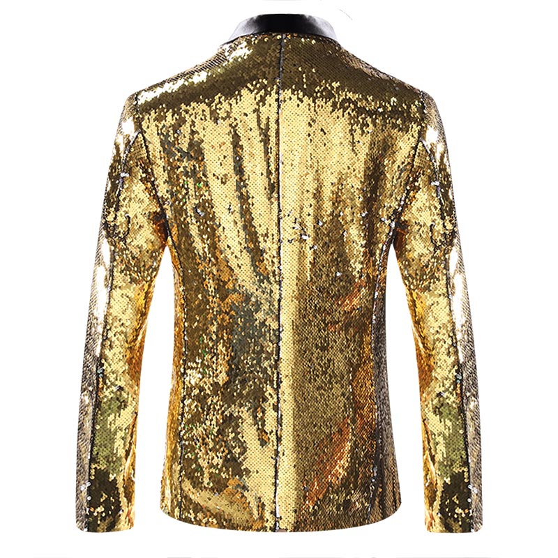 Mens Buttonless Reversible Sequins gold & silver Blazer With Black Satin Collar