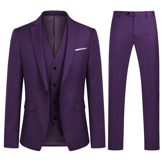 YFFUSHI Mens 3 Piece Suit Slim Fit One Button Solid Color Formal Dress Purple