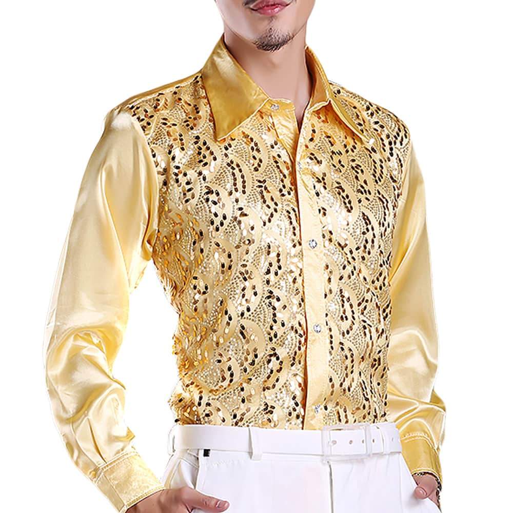 YFFUSHI Mens Slim Fit Sequin Party Shirt Yellow