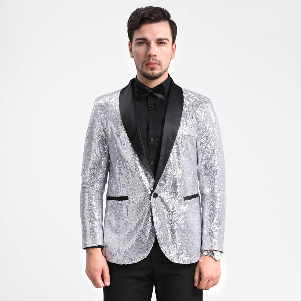 YFFUSHI Mens Shiny Sequin Jacket Party Dinner Blazer Silver