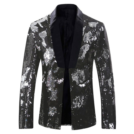 Mens Buttonless Reversible Sequins Black & Silver Blazer With Black Satin Collar