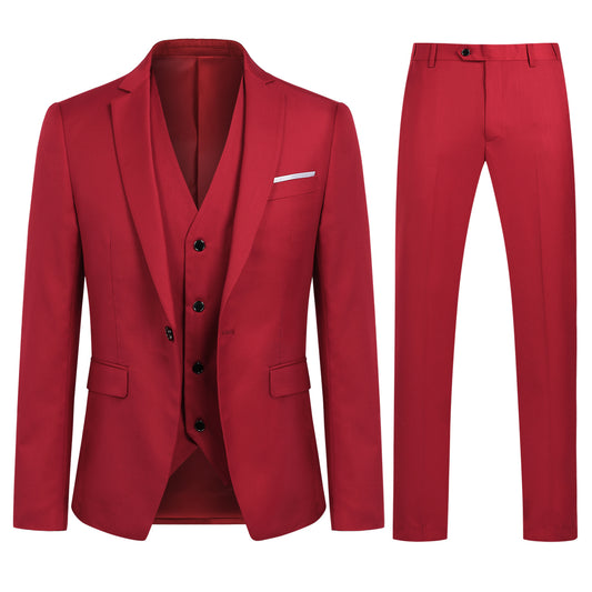 YFFUSHI Mens 3 Piece Suit Slim Fit One Button Solid Color Formal Dress Red