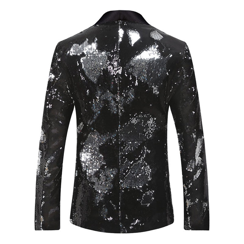 Mens Buttonless Reversible Sequins Black & Silver Blazer With Black Satin Collar