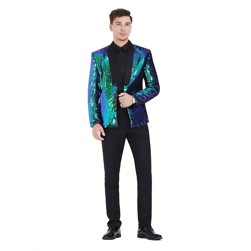 Mens Buttonless Reversible Sequins Bluish & Green Blazer With Black Satin Collar