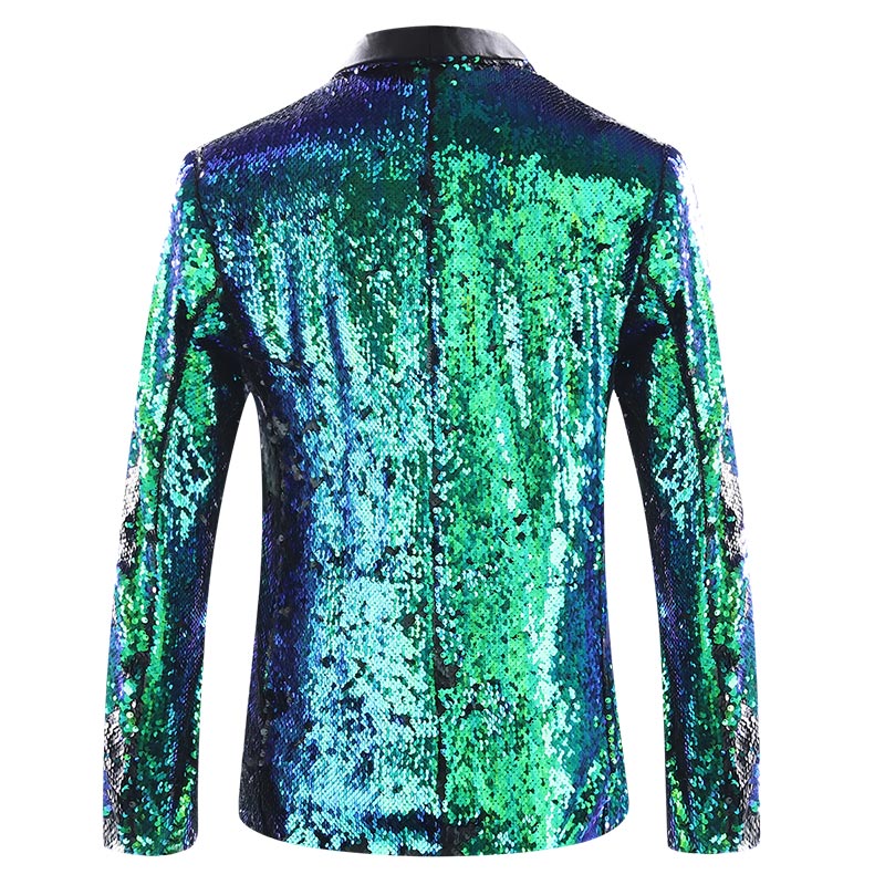 Mens Buttonless Reversible Sequins Bluish & Green Blazer With Black Satin Collar