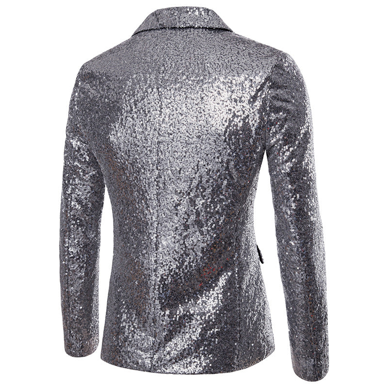 YFFUSHI Mens Shiny Sequin Jacket Party Tuxedo Blazer Silver