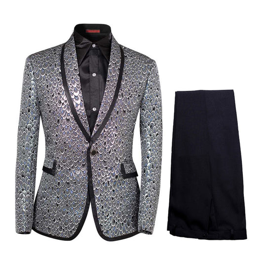 YFFUSHI Mens 2-Piece Slim Fit Fish Scales Sequin Suit Silver