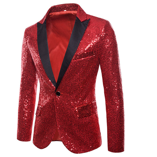 YFFUSHI Mens Shiny Sequin Jacket Party Tuxedo Blazer Red