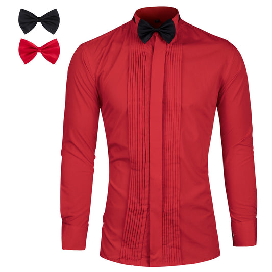 YFFUSHI Slim Fit Dress Shirt with 2 bow ties Red