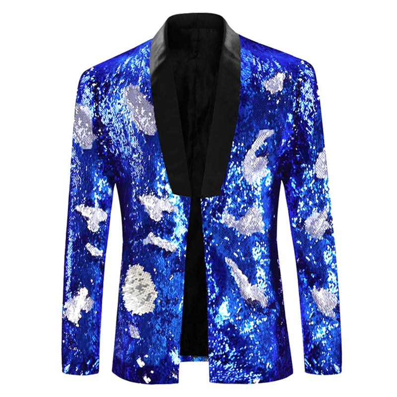 Mens Buttonless Reversible Sequins Blue & Silver Blazer With Black Satin Collar