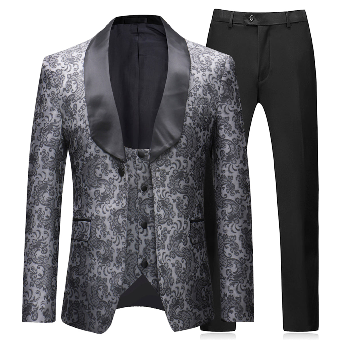 YFFUSHI Mens Slim Fit Exquisite Pattern 3 Piece Dress Suit Black