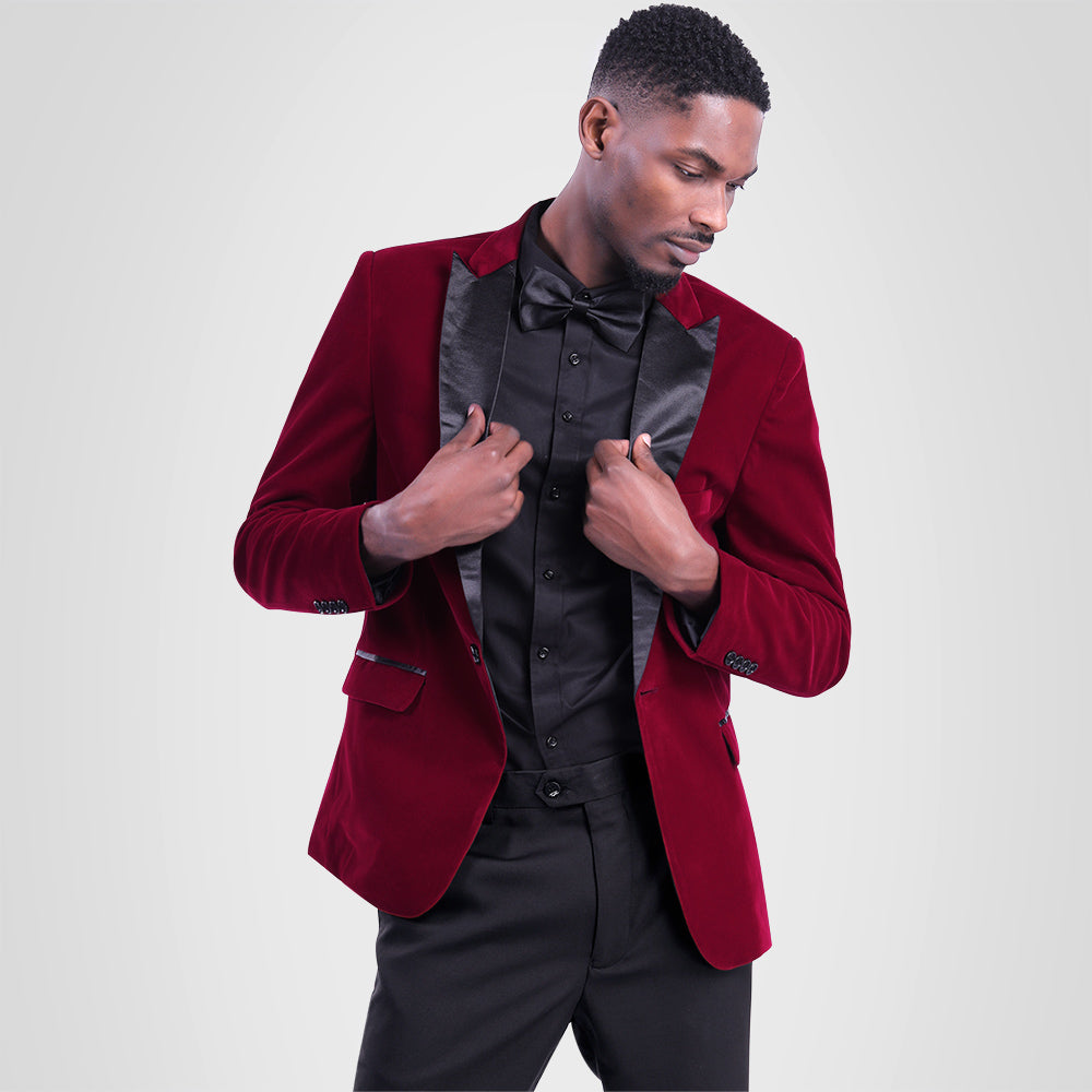 YFFUSHI Mens Slim Fit 2-Piece Pleuche Velvet Tuxedo Suit Maroon