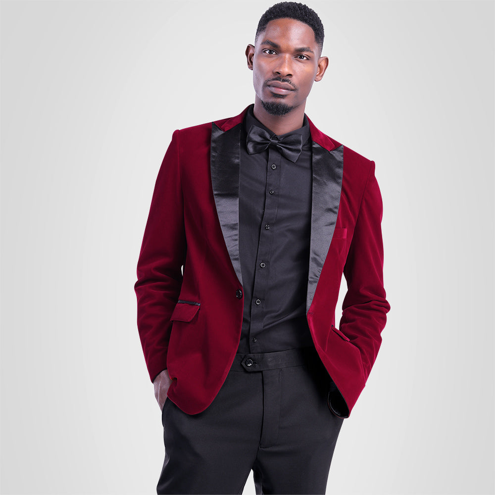 YFFUSHI Mens Slim Fit 2-Piece Pleuche Velvet Tuxedo Suit Maroon