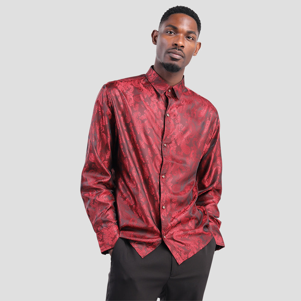 YFFUSHI Slim Fit Embroidered Paisley Shirt Maroon