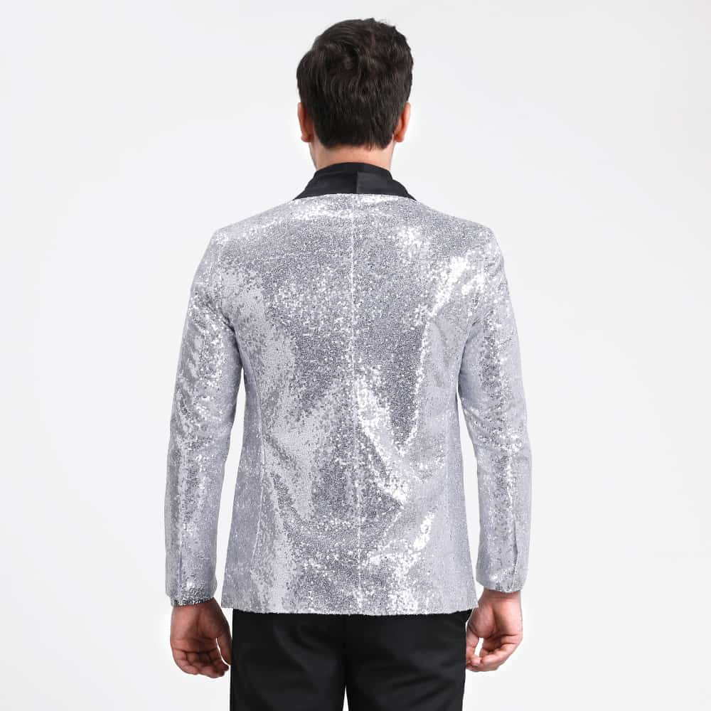 YFFUSHI Mens Shiny Sequin Jacket Party Dinner Blazer Silver