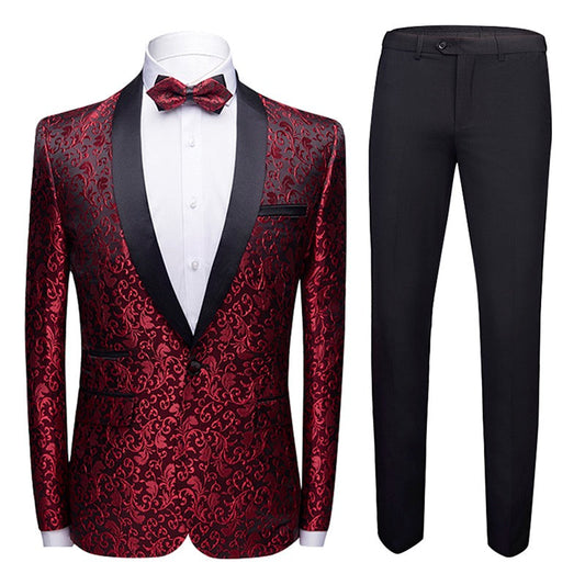 YFFUSHI Mens 2-Piece Print Suit Slim Fit Paisley Suit Red