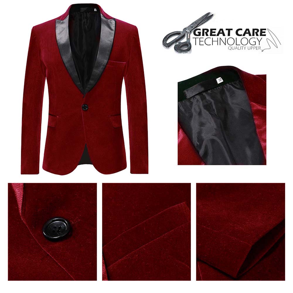 YFFUSHI Mens Slim Fit 2-Piece Pleuche Velvet Tuxedo Suit Maroon