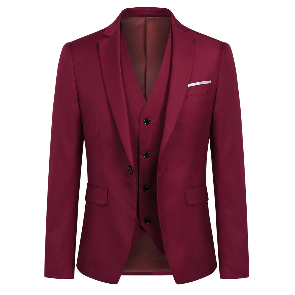 YFFUSHI Mens 3 Piece Suit Slim Fit One Button Solid Color Formal Dress Wine Red