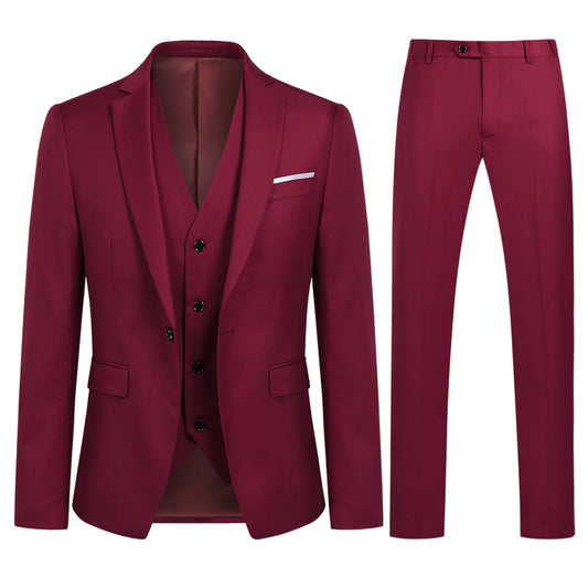 YFFUSHI Mens 3 Piece Suit Slim Fit One Button Solid Color Formal Dress Wine Red