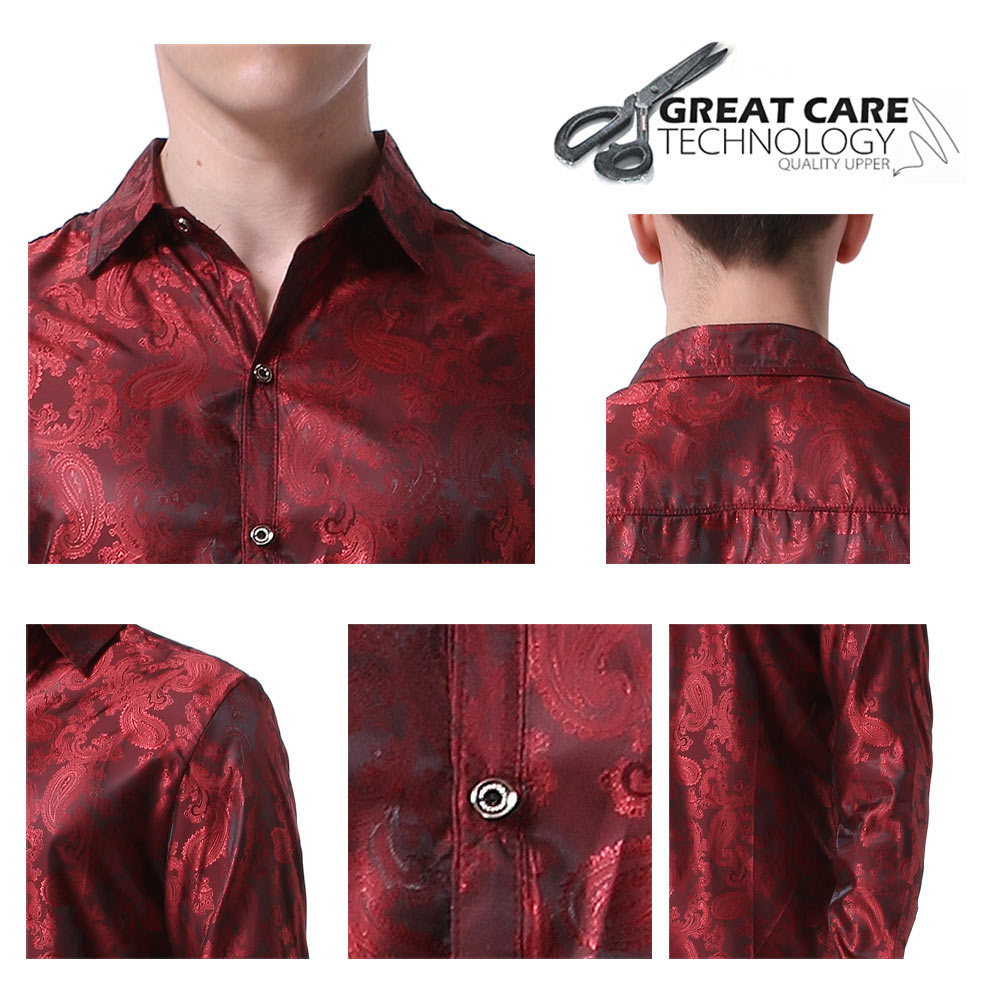 YFFUSHI Slim Fit Embroidered Paisley Shirt Maroon