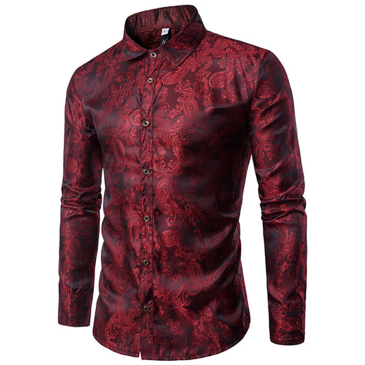 YFFUSHI Slim Fit Embroidered Paisley Shirt Maroon