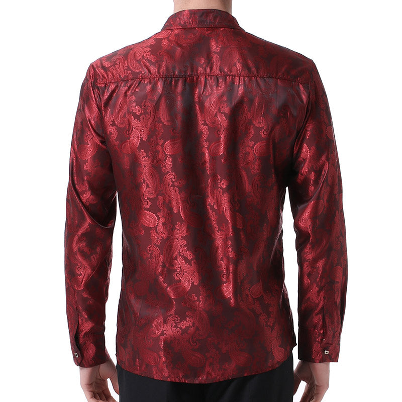 YFFUSHI Slim Fit Embroidered Paisley Shirt Maroon