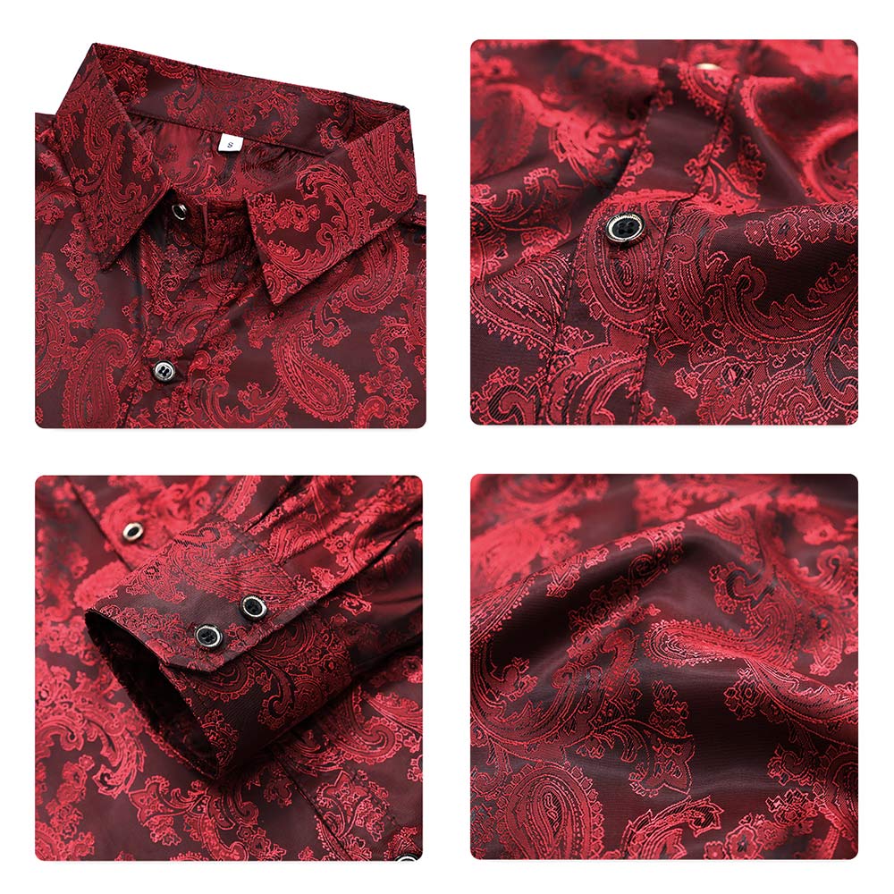 YFFUSHI Slim Fit Embroidered Paisley Shirt Maroon