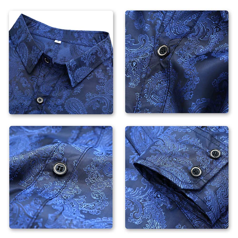 YFFUSHI Slim Fit Embroidered Paisley Shirt Navy