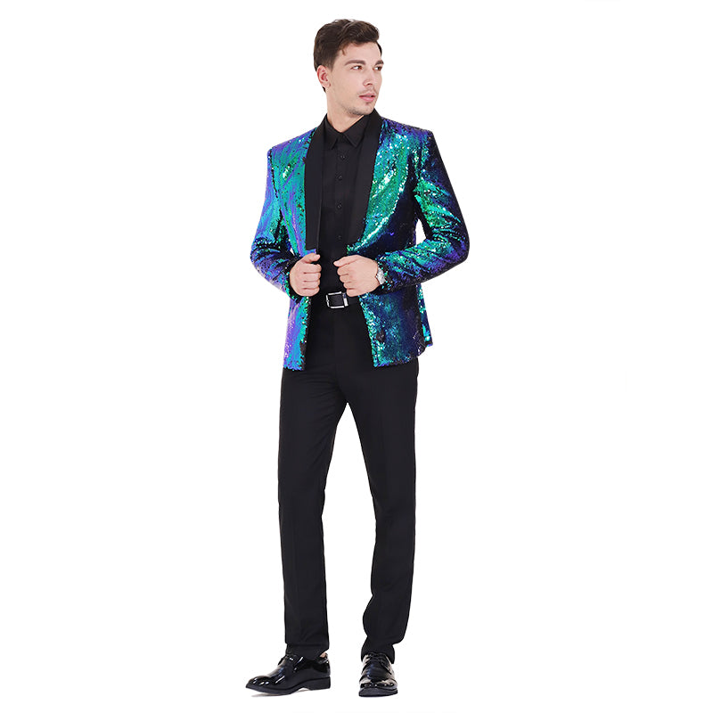 Mens Buttonless Reversible Sequins Bluish & Green Blazer With Black Satin Collar