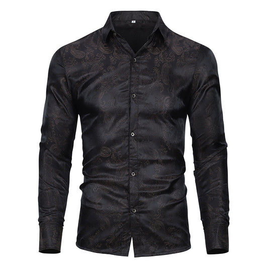 YFFUSHI Slim Fit Embroidered Paisley Shirt Black