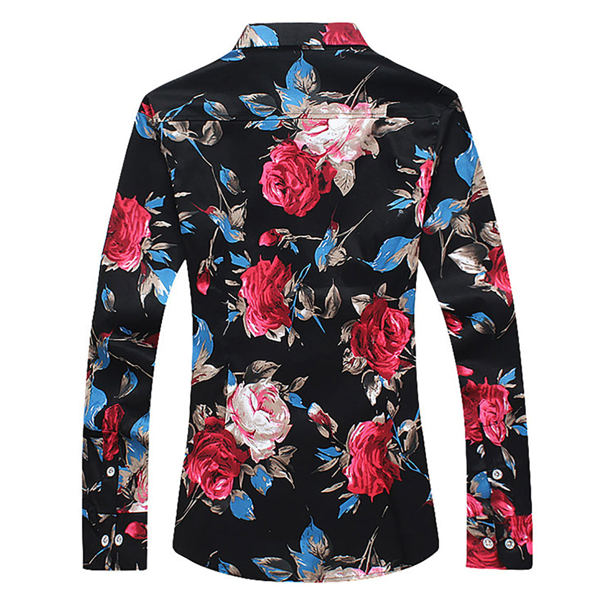 YFFUSHI Slim Fit Black Satin Floral Print Shirt