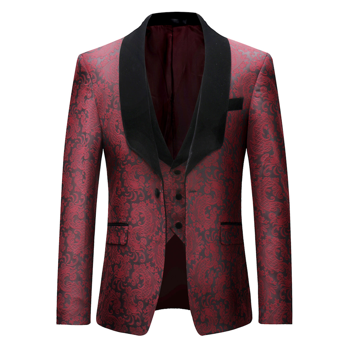 YFFushi Mens Slim Fit Exquisite Pattern 3 Piece Suit Red