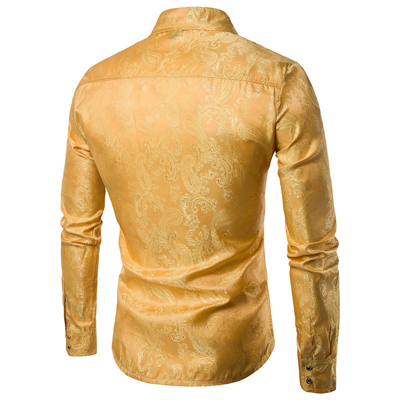 YFFUSHI Slim Fit Embroidered Paisley Shirt Yellow