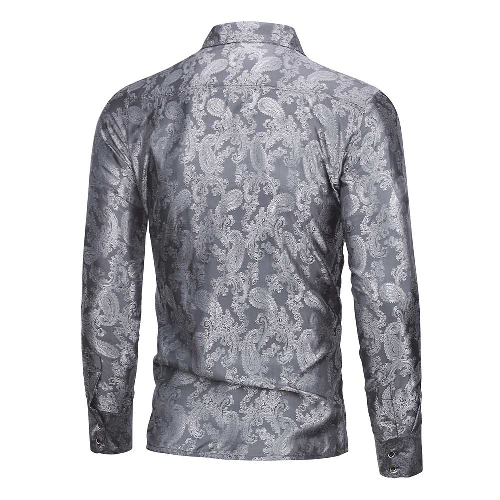 YFFUSHI Slim Fit Embroidered Paisley Shirt Grey