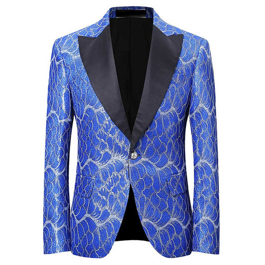 YFFUSHI Mens Jacquard Blazer Floral Stylish Jacket Blue