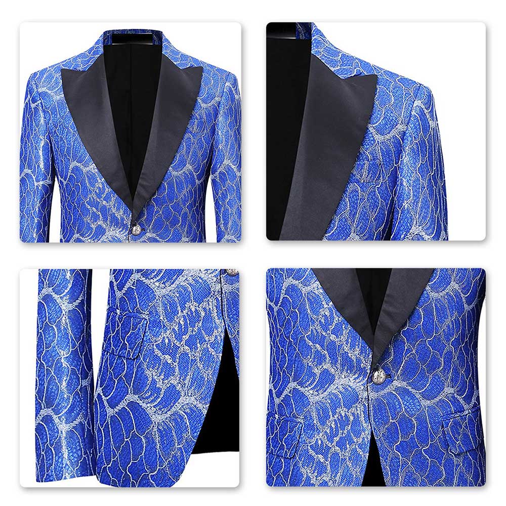 YFFUSHI Mens Jacquard Blazer Floral Stylish Jacket Blue