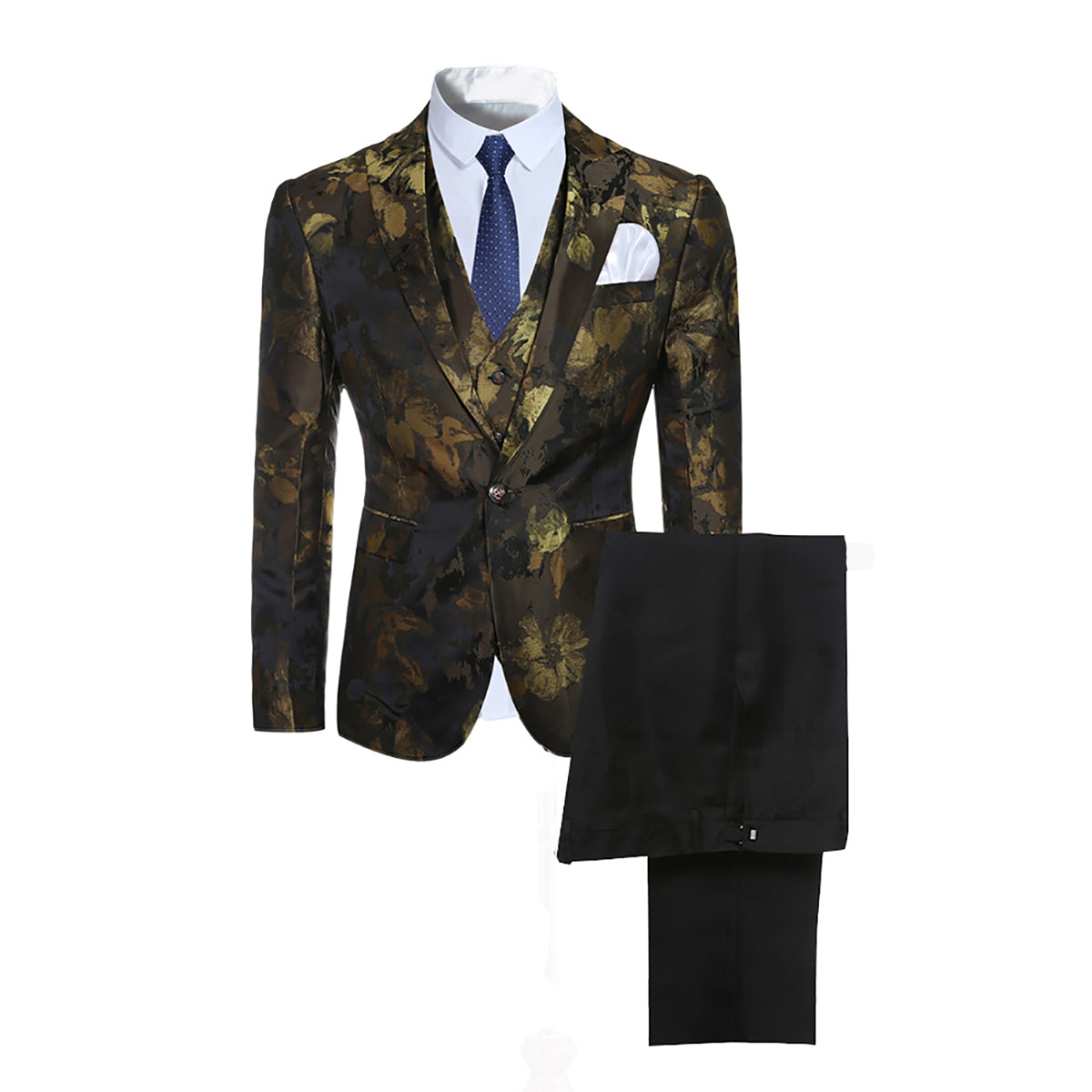 YFFUSHI Mens Allover Floral Print 3-Piece Suit Yellow