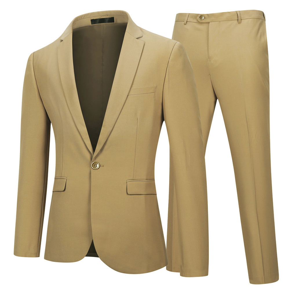 YFFUSHI Mens 2 Piece Suits One Button Formal Slim Fit Solid Color Wedding Tuxedo Khaki