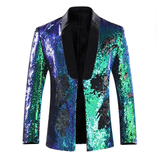 Mens Buttonless Reversible Sequins Bluish & Green Blazer With Black Satin Collar