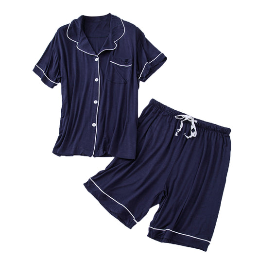 YFFUSHI Mens 2 Pcs Button Down Pajama Set Short Sleeves and Shorts Summer Sleepwear Loungewear Blue