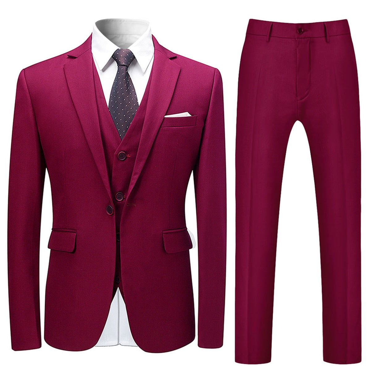 YFFUSHI Mens Slim Fit Classic Fit One Button 3-Piece Suits Wine Red