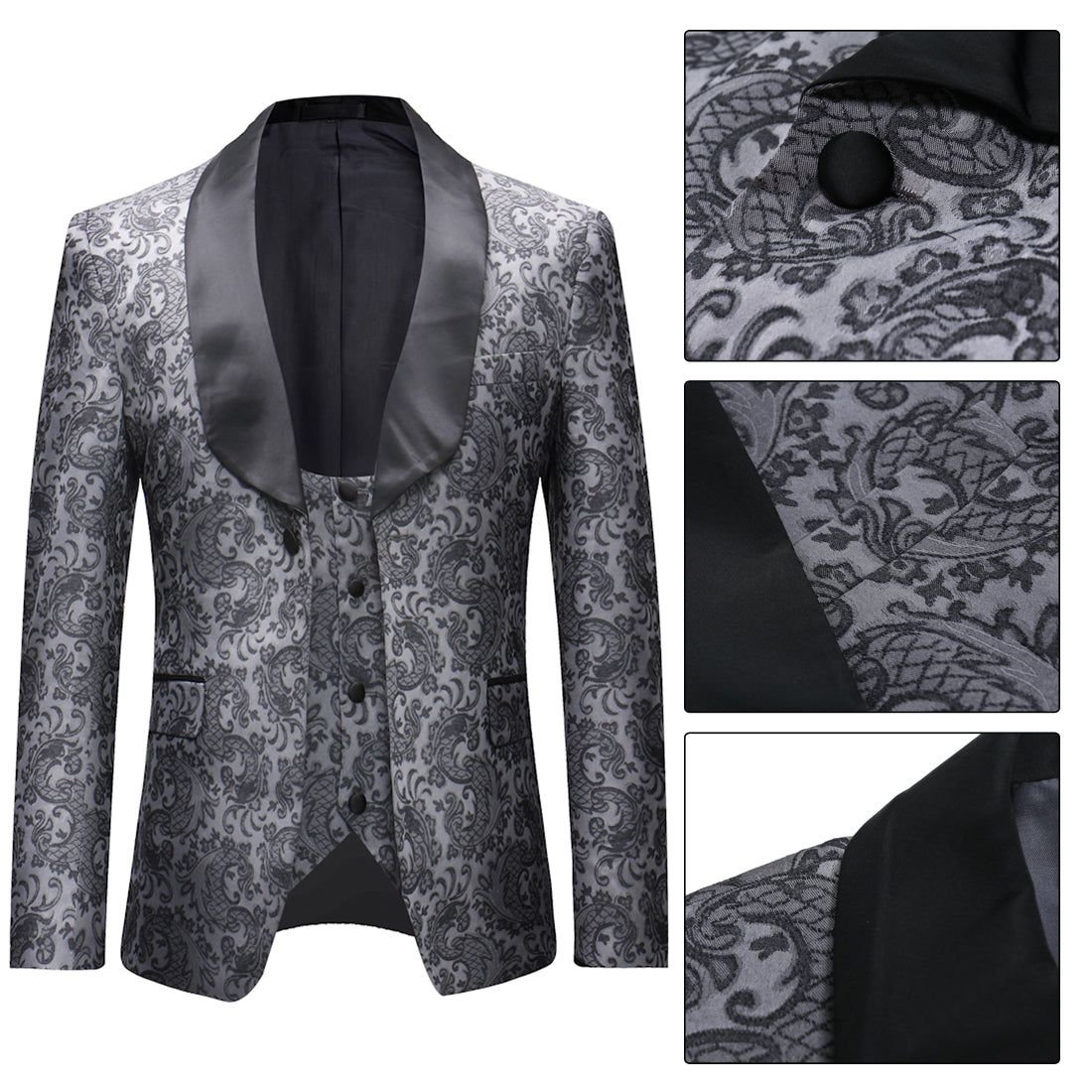 YFFUSHI Mens Slim Fit Exquisite Pattern 3 Piece Dress Suit Black