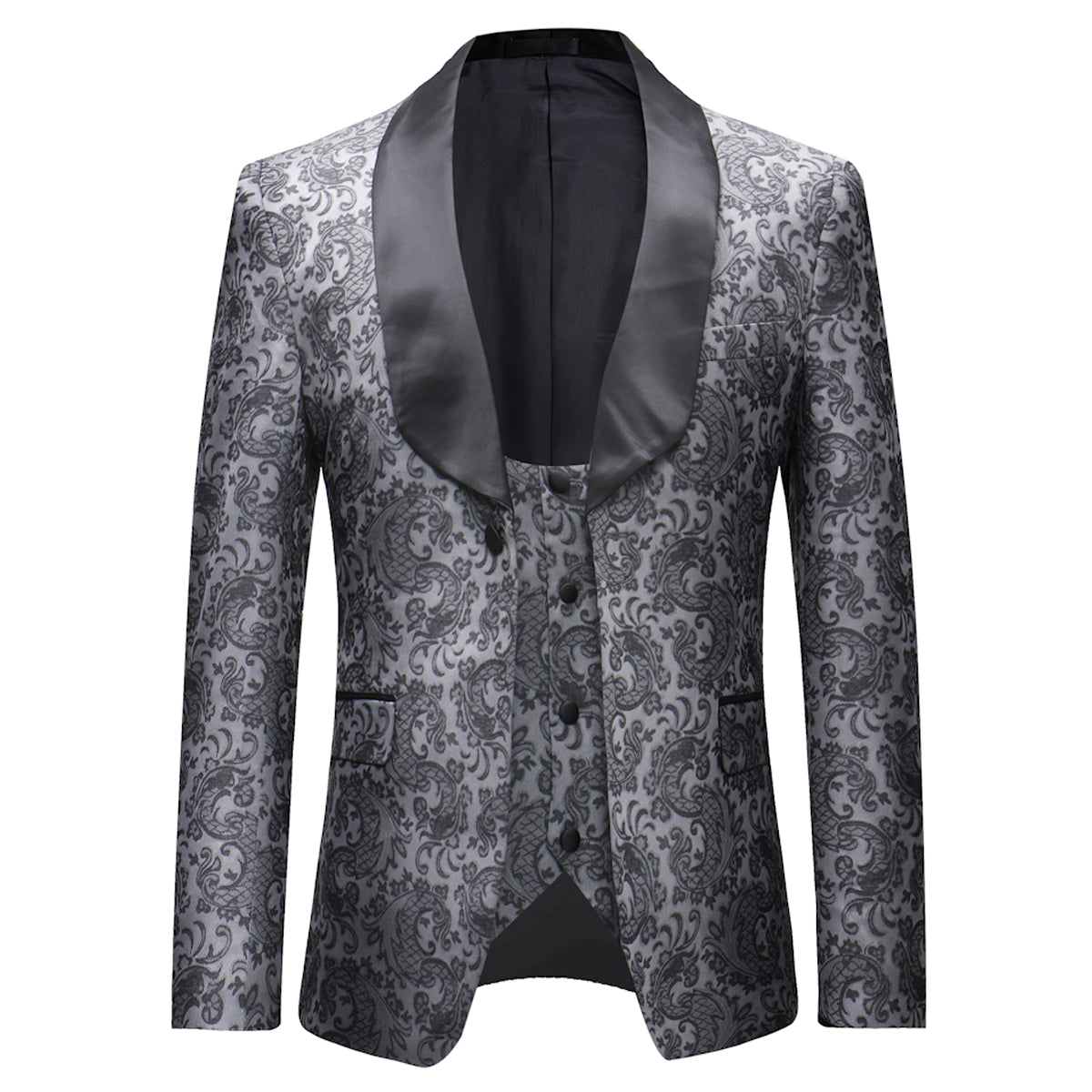 YFFUSHI Mens Slim Fit Exquisite Pattern 3 Piece Dress Suit Black