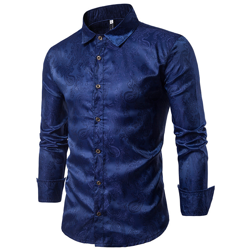 YFFUSHI Slim Fit Embroidered Paisley Shirt Navy