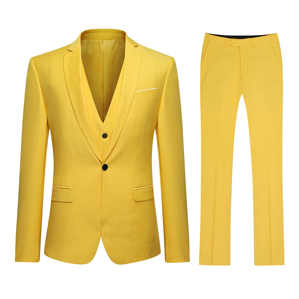 YFFUSHI Mens 3 Piece Suit Slim Fit One Button Solid Color Formal Dress Yellow