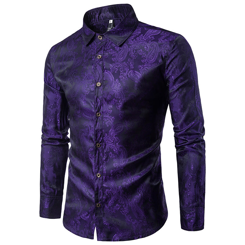 YFFUSHI Slim Fit Embroidered Paisley Shirt Purple