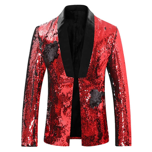 Mens Buttonless Reversible Sequins Red & Black Blazer With Black Satin Collar